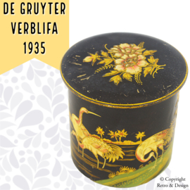 Lata Vintage de Té De Gruyter con Grullas y Decoraciones Florales – Una Joya Histórica