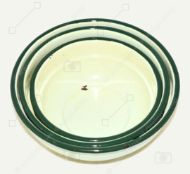 Brocante set of three enamel bowls with green border