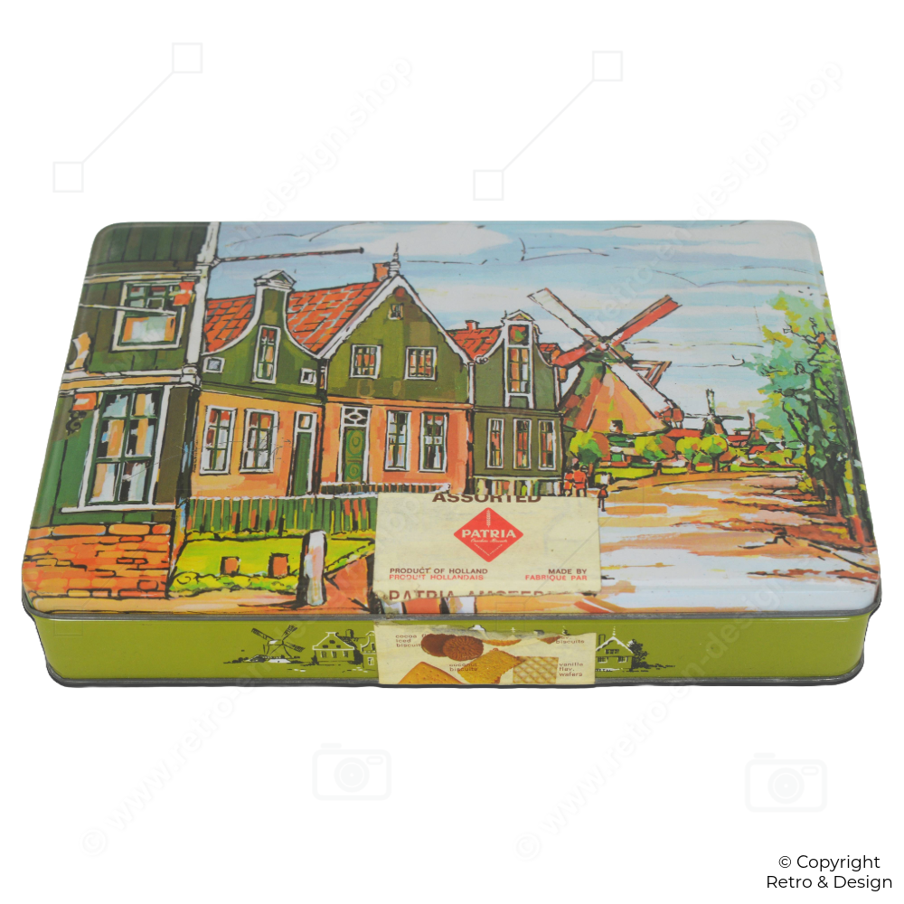 Boîte à biscuits vintage Patria avec illustration atmosphérique de la Zaanse Schans