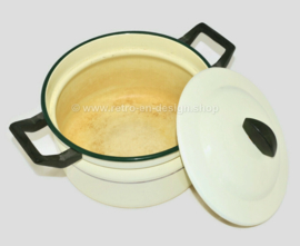 Cream enamel BK stock pot with green rim, gold trim and black Bakelite handles
