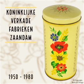 Zylindrische Gelbe Vintage-Zwiebackdose von Verkade mit farbigen Blumen: Eine historische Reise (1950-1980)