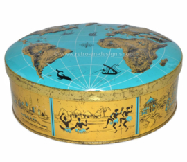 Vintage cookie or biscuit tin with a world map embossed on the lid