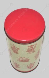 Vintage tin biscuit tin by 'De Gruyter' with red drawings and a red lid