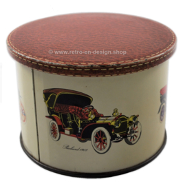 Vintage tin drum with various old cars