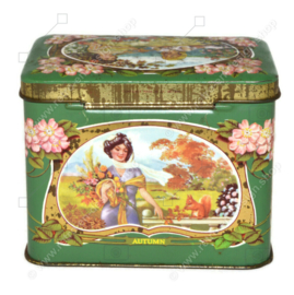 Vintage chocolate tin with images of four seasons and nostalgic ladies