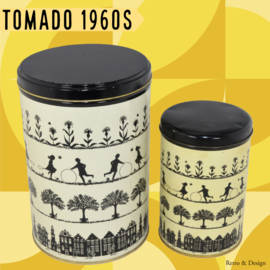 Juego vintage de latas de Tomado con escenas holandesas antiguas en negro, crema