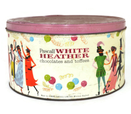 Lata grande de dulces de principios de los 60 o lata de almacenamiento para los chocolates y toffees Pascall White Heather