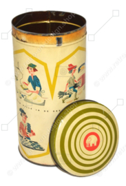 Vintage ronde cilindrische Hille beschuitbus met tekeningen van het werk van een beschuitbakker
