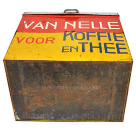 Große rechteckige Ladenblechdose von Van Nelle für Kaffee und Tee in gelb-rot-schwarz. Bekkers, Dordt