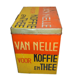 Large rectangular Van Nelle storage tin for coffee and tea in yellow, red and black