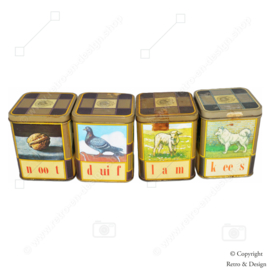 Nostalgische vintage set blikken en dienblad met afbeeldingen van het Iconische "Aap, Noot, Mies" Leesplankje!