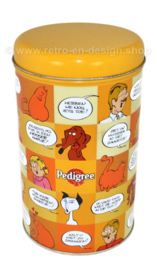 Blik voor brokken hondenvoer van Pedigree met afbeeldingen Jan Jans en de kinderen (Oranje)