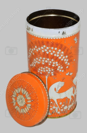 Vintage beschuitbus van Verkade in oranje en wit met gestileerde paarden, bomen en bloemen...
