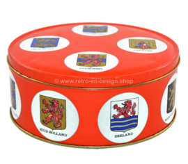 Vintage biscuit tin by Arks with Dutch provinces and the accompanying coats of arms