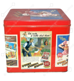 Large red square retro Douwe Egberts Coffee tin with nostalgic D.E. advertisements