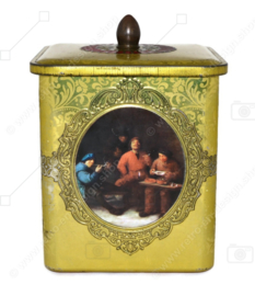 Square tin drum with a gold-coloured knob with an image of paintings by Dutch masters
