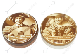 Set of two vintage round tins for Chocolate pastilles dark by De Gruyter