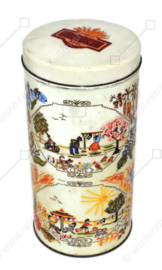 Vintage biscuit tin made by ARKS, four seasons on embroidered print