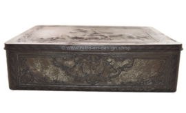 Large brocante tin box with hunting scene on hinged lid