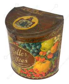 Farbige halbzylindrische Vintage-Dose für Van Melle Toffees mit Ventildeckel und Bild verschiedener Obstsorten