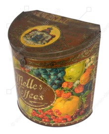 Coloured semi-cylindrical vintage tin for Van Melle Toffees with valve lid and image of various kinds of fruit