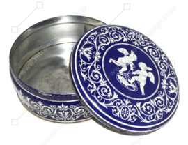Round blue and white vintage biscuit tin with cherubs, chubby child figure with wings