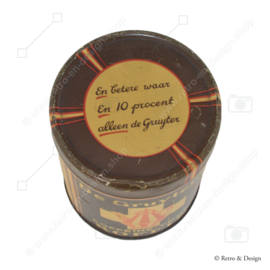 Vintage round coffee tin with loose lid, "De Gruyter's caffeine-free coffee", brown and cream colored