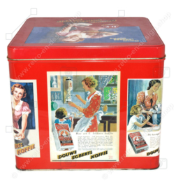 Large red square retro Douwe Egberts Coffee tin with nostalgic D.E. advertisements