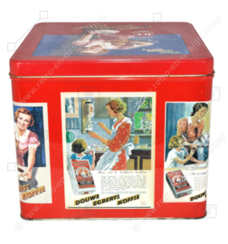 Groot rood vierkant retro Douwe Egberts Koffieblik met nostalgische D.E. advertenties