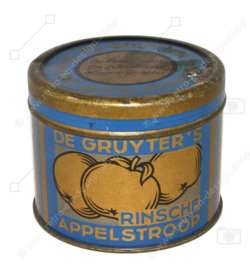 Blauw met goudkleurige gestreepte vintage blikken bus met appels voor appelstroop van De Gruyter