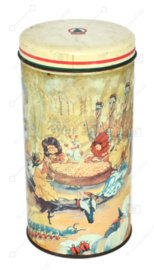 Cylindrical vintage biscuit tin made by De SPAR with fairy-tale characters