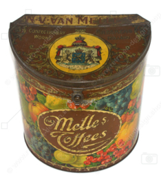 Boîte vintage semi-cylindrique colorée pour Van Melle Toffees avec couvercle à valve et image de différentes sortes de fruits