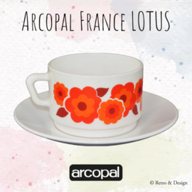 Arcopal Lotus soup bowl in orange/red floral pattern + saucer