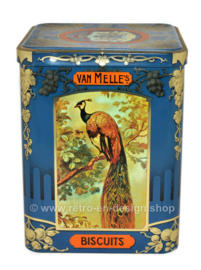 Blikken trommel voor Van Melle biscuits met aan drie zijden afbeeldingen van verschillende tropische vogels