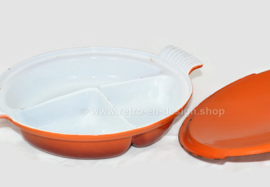 Brocante orange cast iron three-compartment dish or stew pan made by DRU