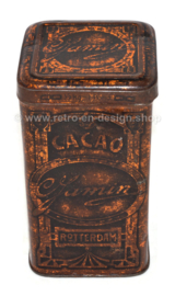 Rectangular high gold-colored tin drum for 1/2 kg. cocoa by C. Jamin, Rotterdam