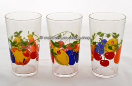 Three vintage 70s juice glasses with fruit pattern