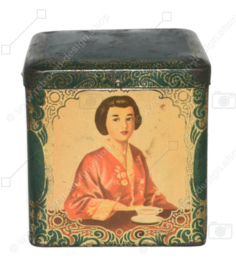 Square green tea tin in cube shape by co-op