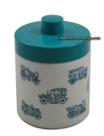 Opaline jar for mocha coffee. Old vehicles,  aquamarine blue lid