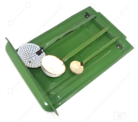 Brocante reseda green enamelled spoon rack with gold-coloured trim and three spoons
