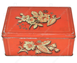 Lata rectangular vintage con un estilizado estampado floral con hoja