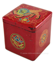 Cubo de hojalata vintage para té de Van Nelle con una imagen estilizada de un león oriental