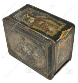 Boîte rectangulaire ancienne avec poignée et images de musiciens