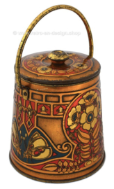 Cocoa tin in the shape of a bucket with handle and lid, with embossed flowers and butterflies for Wessanen Cocoa