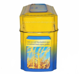Gelbe und blaue Blechdose für Wasa Cracker mit Bildern von reifem Getreide