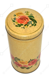 Cream-yellow vintage rusk tin with flowers and crackle motif made by VERKADE