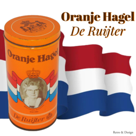 Rond blik hagelslag met los deksel, "De Ruijter, Oranje Hagel", Juliana, Beatrix