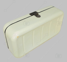 Brocante enamel bread bin in cream white with handle and clip closure