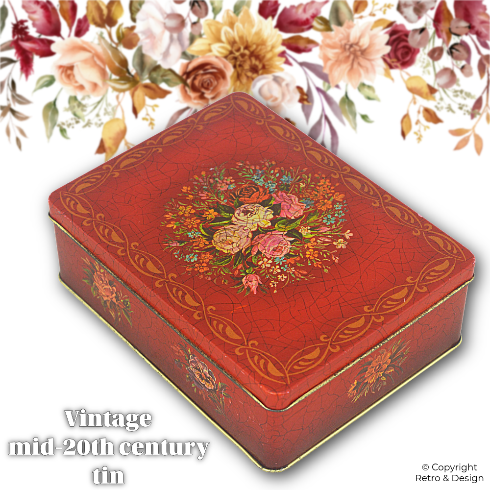 Lata vintage roja con motivo floral – Lata rectangular de almacenamiento con acabado craquelado