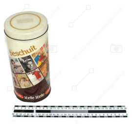 Cylindrical vintage Verkade rusk or biscuit tin with front pages of the Libelle magazine, anniversary edition